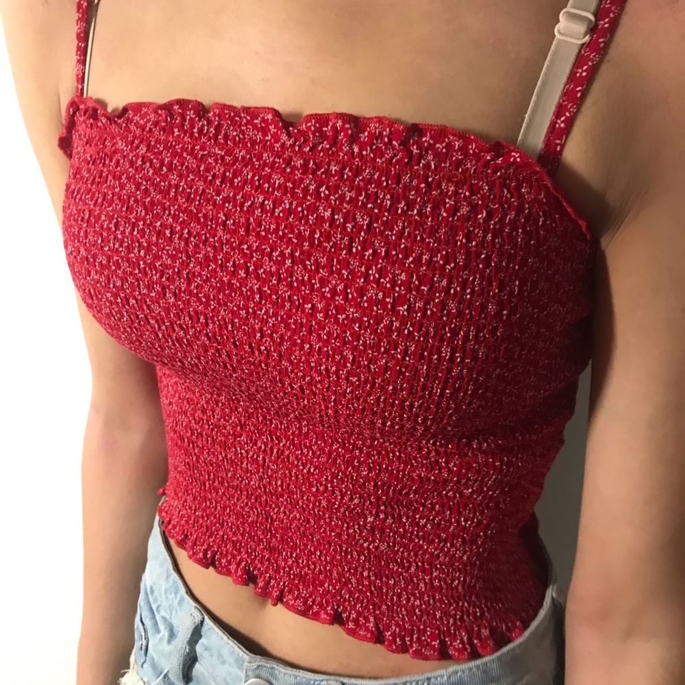 Red Ruched Cropped Tank w/ White Flower Pattern [Brandy Melville]